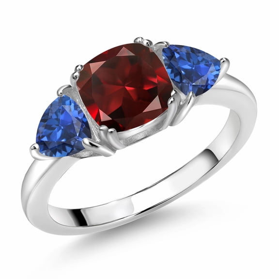 Gem Stone King 925 Sterling Silver Red Garnet and Blue Created Sapphire 3 Stone Engagement Ring for Women (2.93 Cttw, Gemstone January Birthstone, Size 5)