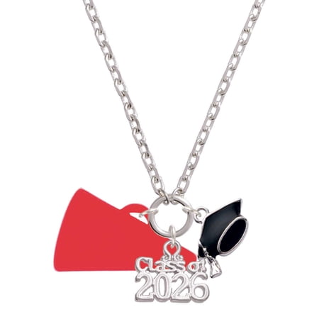 Delight Jewelry Acrylic Large Red Megaphone - Silvertone Class of 2026 Graduation Zoey Charm Necklace, 28"