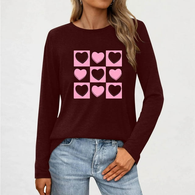 TaTaai Casual Comfy Women's Valentine Heart Print Long-Sleeve Blouse, Valentine's Day Daily Party Top, Round-Neck Multi-Season Tee Gift