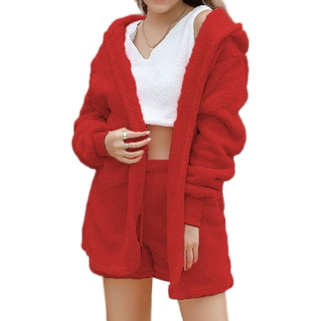 

Glonme Casual Pajamas Set for Women Winter Warm Plush Nightwear Drawstring Sleep Lounge Sets Sleepwear Red XL