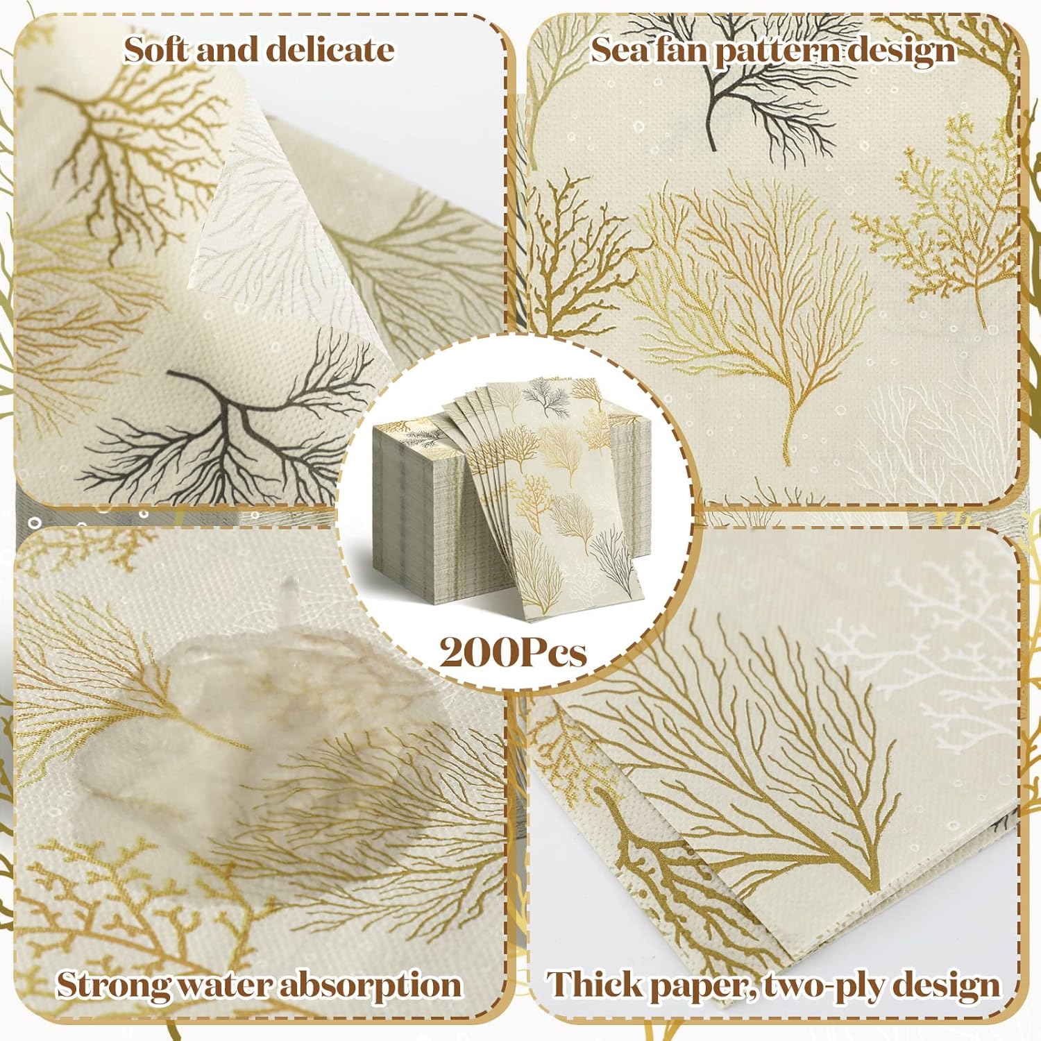 200 Pcs Sea Fans Guest Napkins 2 Ply Coral Themed Bathroom Napkins Ocean Beach Disposable Hand Towels Decorative Paper for Buffet Kitchen Bathroom Birthday Bridal Baby Shower Wedding