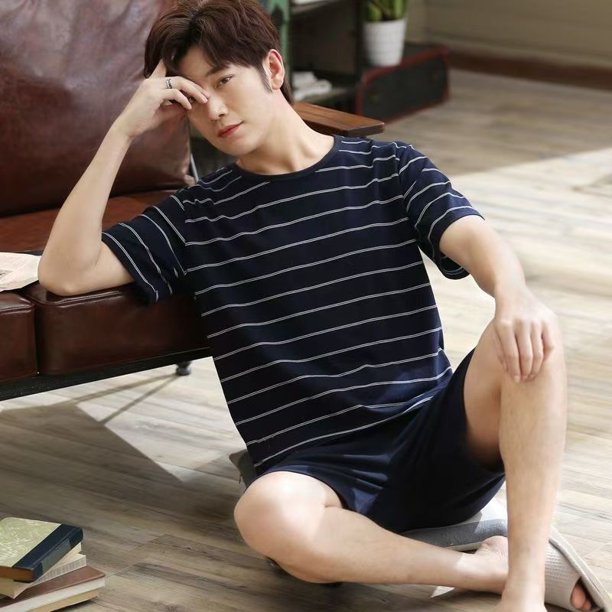 Pijamas de verano para hombre, conjunto de ropa de casa, pantalones cortos de manga corta para hombre, estudiantes adolescentes, pijamas informales a rayas de dibujos animados, conjunto de ropa de ca