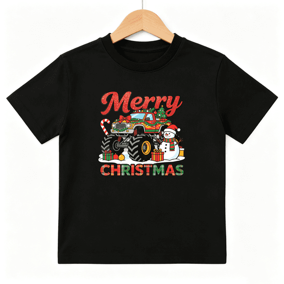 Merry Christmas Truck Boys Graphic Tee, Cool Monster Truck Snowman 100% Cotton Kids Short Sleeve T-Shirt