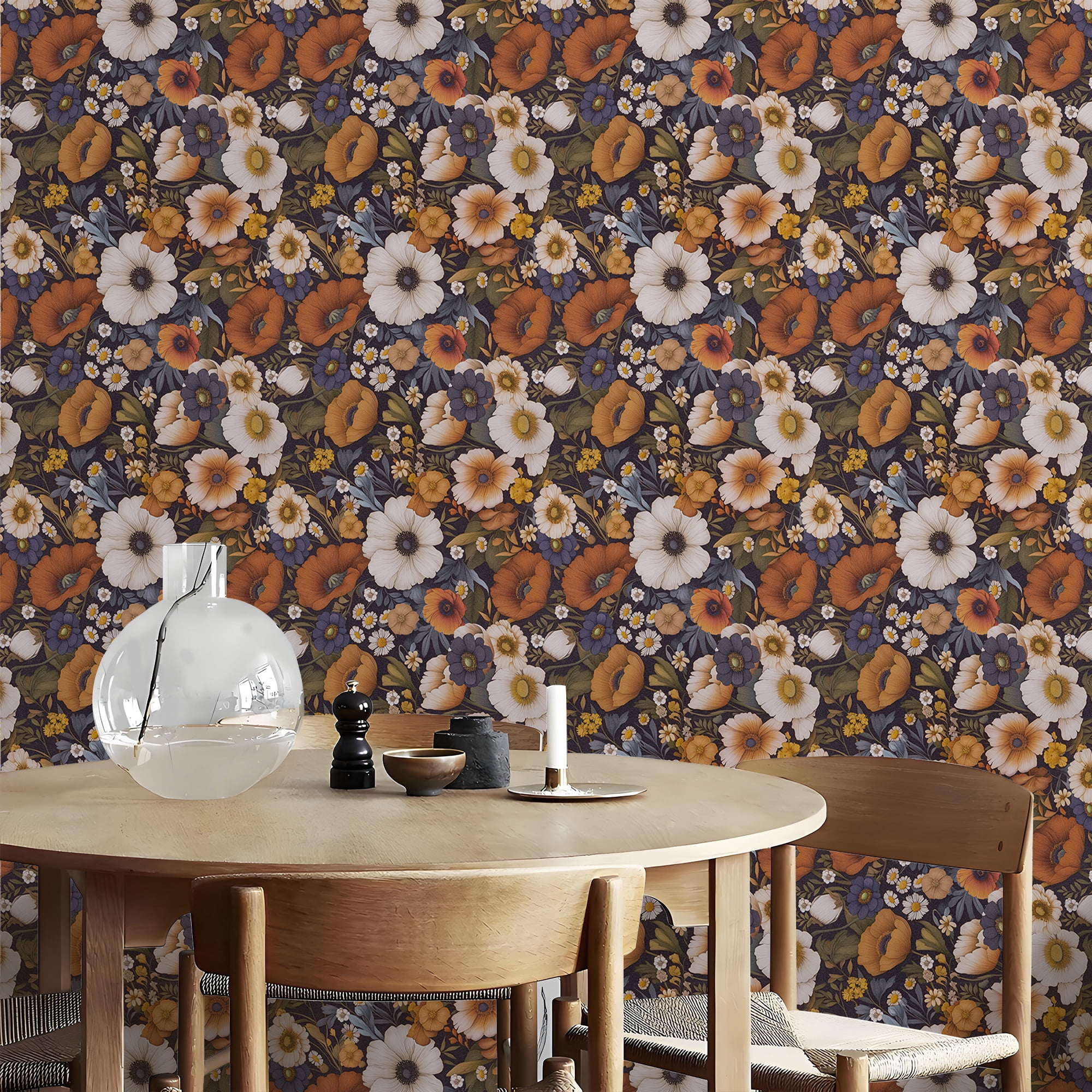 Abyssaly Floral Wallpaper Peel and Stick 17.32"×236" Floral Black Wallpaper Vintage Plant Watercolor Self Adhesive Textured Wall Paper Contact Paper Home Decor Wall Covering Old Furniture Renovation