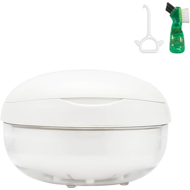 Étui de Rétention Mignon avec Outil de Retrait et Miroir, Gobelet de Bain Compact pour Prothèses Partielles avec Passoire et Brosse, Récipient Étanche pour Aligneurs, Protège-Dents, Protège-Nuits, Placages (Blanc)