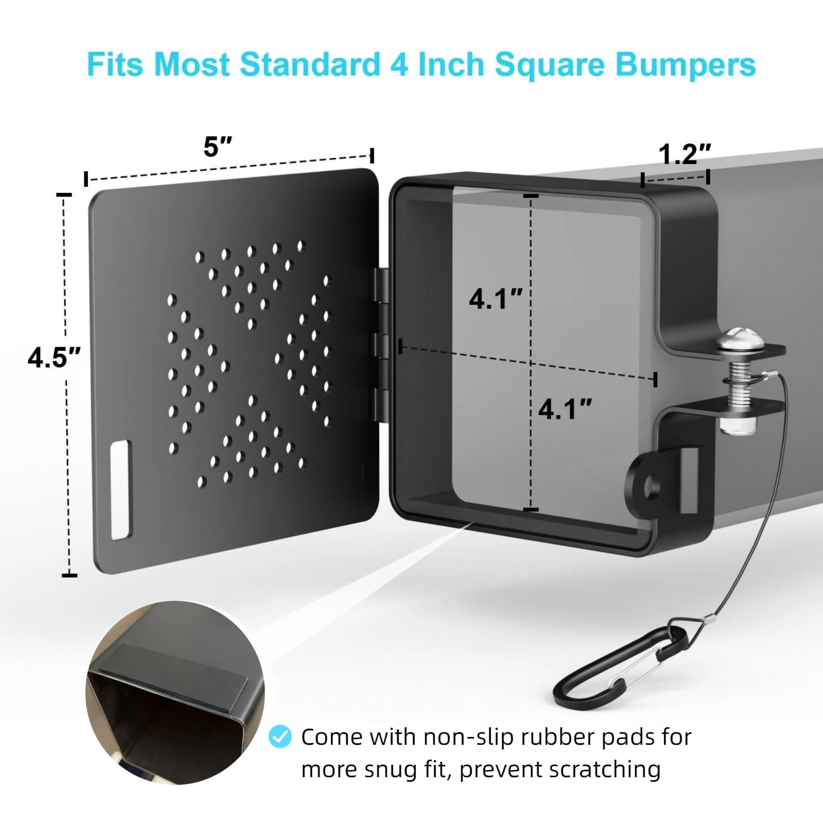 2 Pack Aluminum RV Bumper End Caps for 4"x4" Square Bumpers, Hinged Sewer Hose Storage Cover with Vent Holes, Rust-Proof Camper Trailer Accessories for Outdoor Use