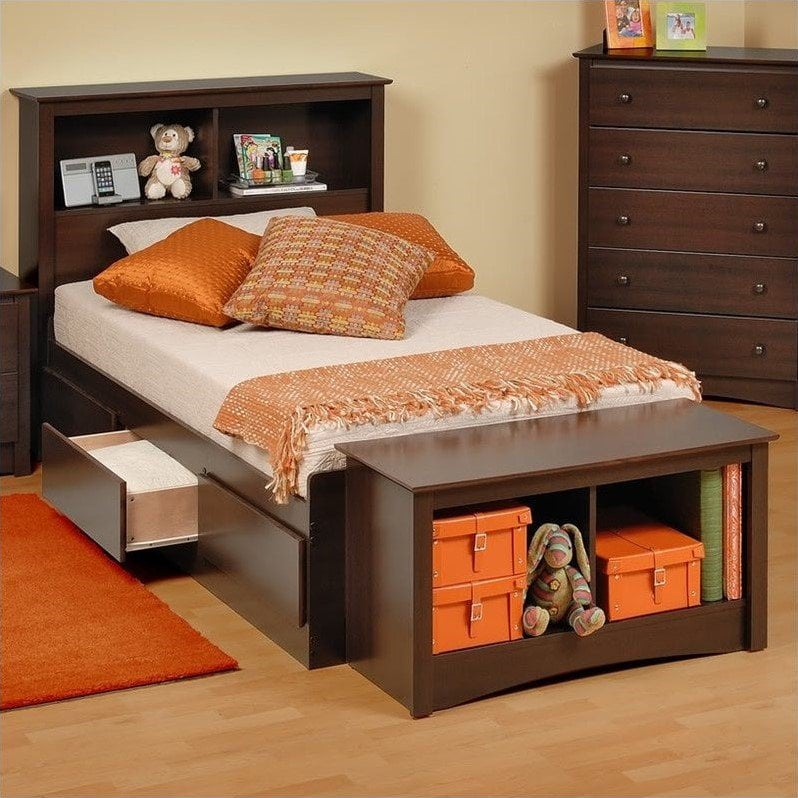 Prepac Manhattan Twin Bookcase Platform Storage Bed in Espresso