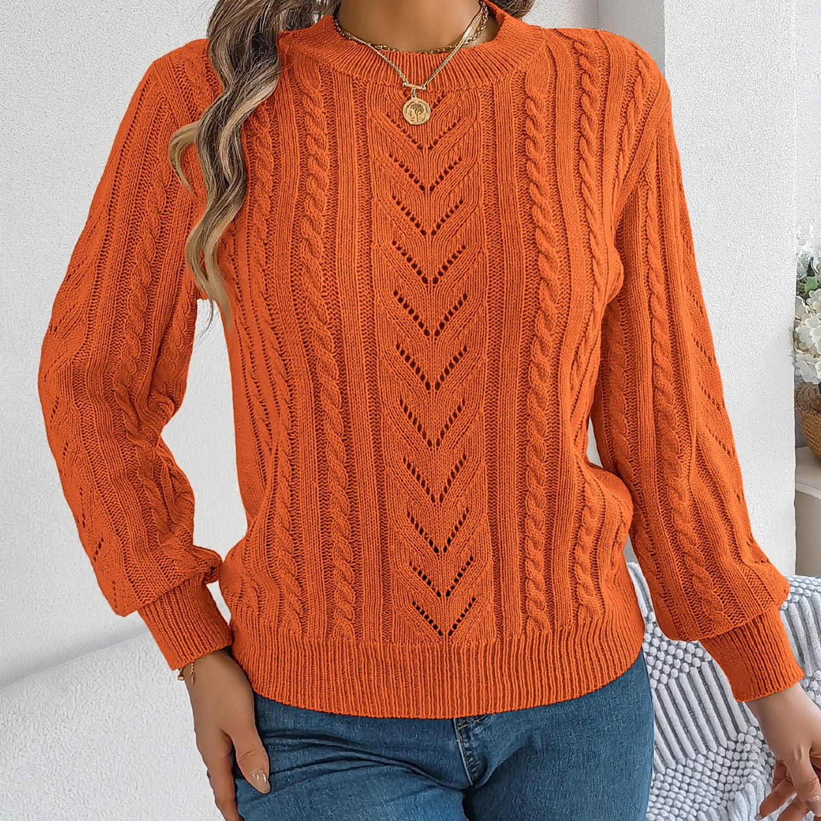 Ahdbta Pullover Sweaters for Women Mock Neck Long Sleeve Hollow Out Sweaters Casual Warm Solid Color Cable Knitted Tops