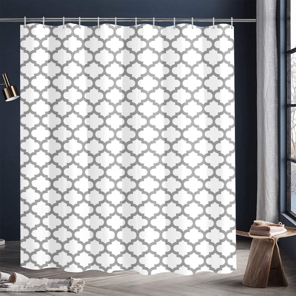 Extra Long Gray Geometric Trellis Printed Shower Curtain 72" x 84" Durable Waterproof for Bathroom Decor, Waterproof Cloth with 12 Hooks
