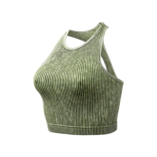 Womens Crop Solid Washed Seamless Rib-Knit Camisole Crop Tank Tops Quick Drying Bra Sports Bra