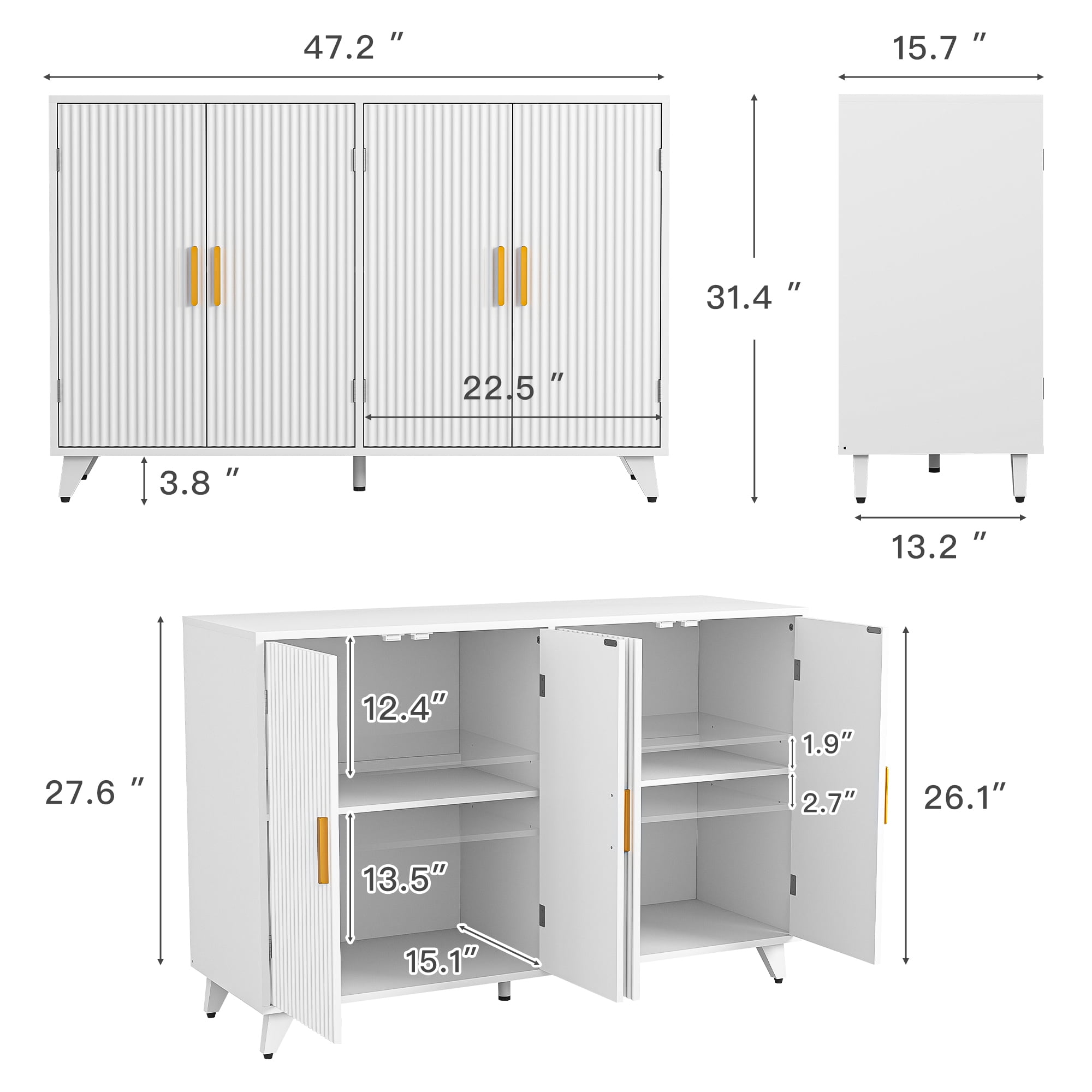 Finihen Sideboard Buffet Cabinet, Storage Cabinet with 4 Doors, for Dining Room, Living Room, Hallway, Entryway, White