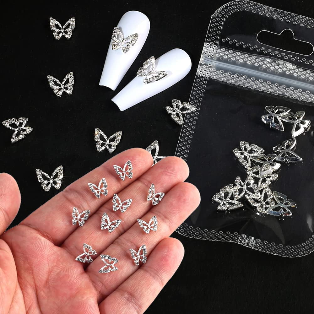 Trianu 3D Alloy Butterfly Nail Charms,10 Pcs Metal Butterfly Nail Gems Nail Rhinestones Shiny Crystal Nail Art Charms,Nail Decoration Rhinestones for