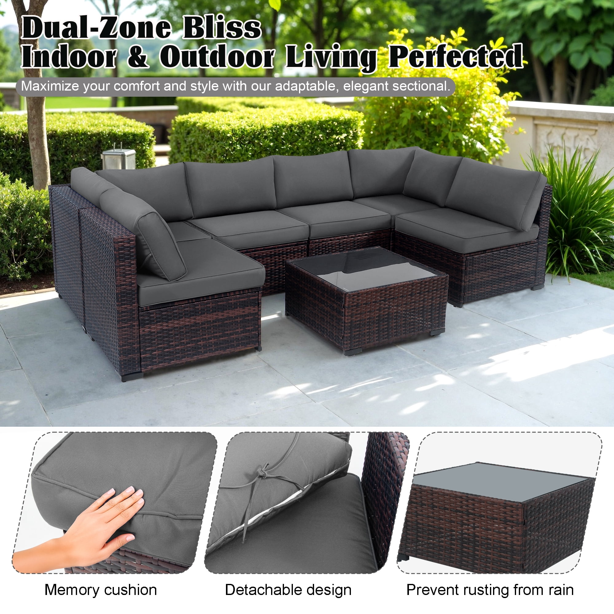 AstrPthylx 7-Piece Patio Sectional Set with Coffee Table, All-Weather Outdoor PE Rattan L-Shaped Sofa and Cushions for Garden, Backyard (Grey)
