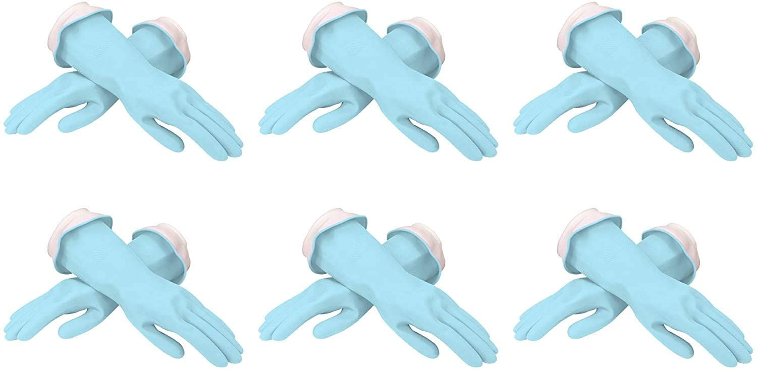 Casabella Waterblock Premium Latex Gloves With Tapered Fit & Double Cuff Medium, Aqua Blue - 6 Pack
