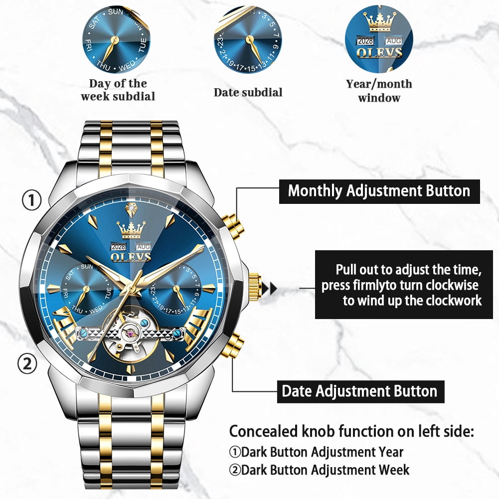 OLEVS Automatic Watches for Men Luxury Dress Waterproof Self Winding Mechanical Chronograph Diamond Stainless Steel Luminous Date Skeleton Tourbillon Mens Watches Gift Reloj Para Hombre Blue Dial