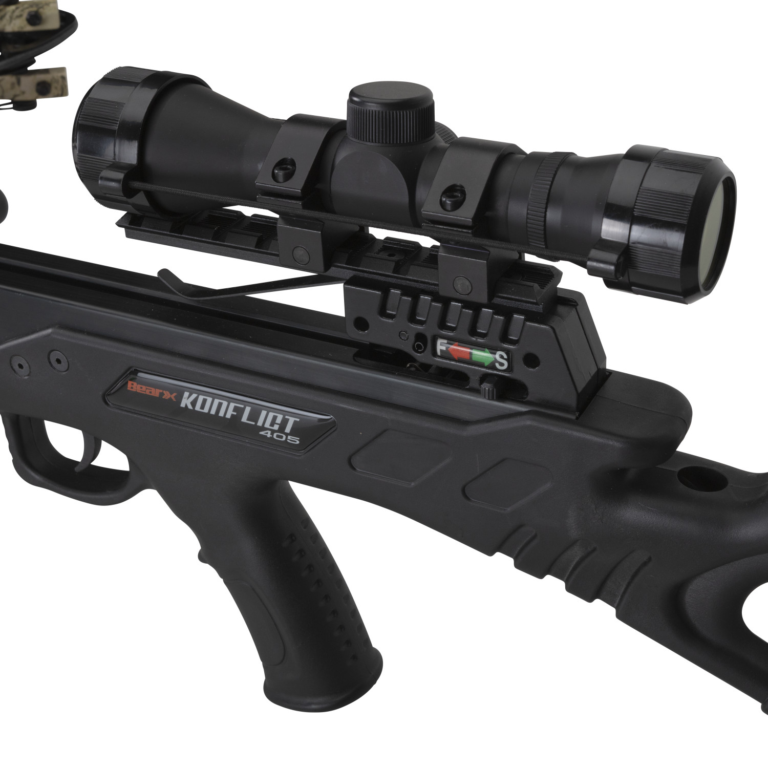 Bear X Konflict 405 FPS Crossbows with 32 multi cross-hair reticle & 5 Arrow Quiver (Multicolor)