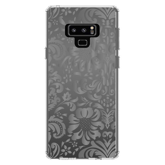 DistinctInk Clear Shockproof Hybrid Case for Samsung Galaxy Note 9 - TPU Bumper, Acrylic Back, Tempered Glass Screen Protector - Shades of Grey Floral Pattern