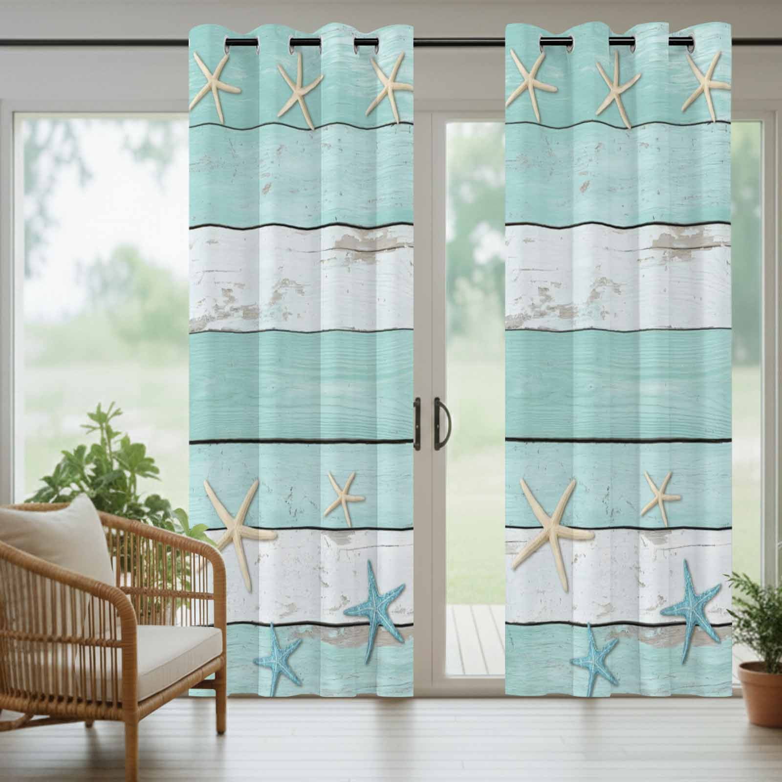 Summer Beach Theme Outdoor Curtains for Patio, Teal and White Wood Grain Beige Starfish Sunshade Privacy Drapes Grommet Waterproof Outside Curtains for Porch/Cabana/Balcony 54"x 108", 1 Panel