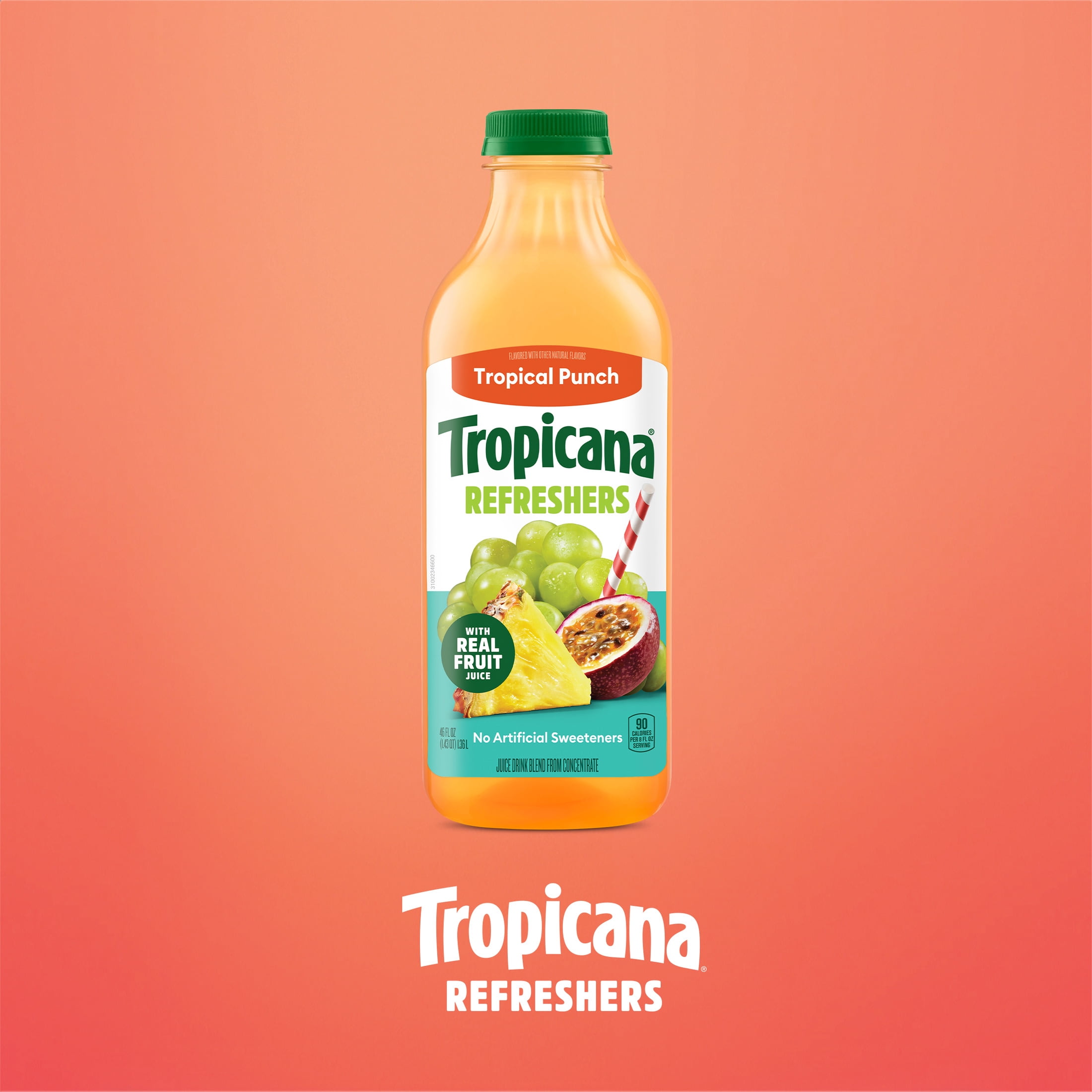 Tropicana Refreshers Tropical Punch Juice Drink, with Real Fruit Juice, 46 fl oz Bottle