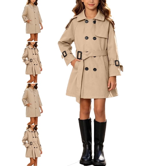 WAVSUF Kids Girls Trench Coat, Side Pockets Soft Cotton Elastic Waist Fall Double Mid Length Jackets Brown 7-8
