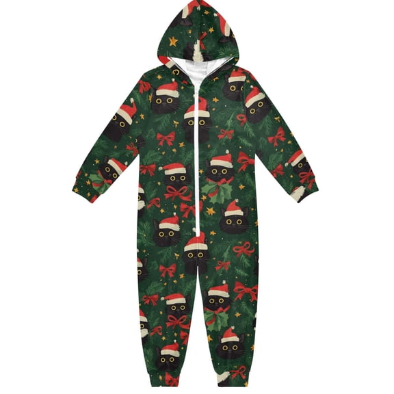 Christmas Cat Bow Pattern One Piece Pajamas Soft Jumpsuit Cozy Sleep and Play Romper Zipper and Pockets 4T