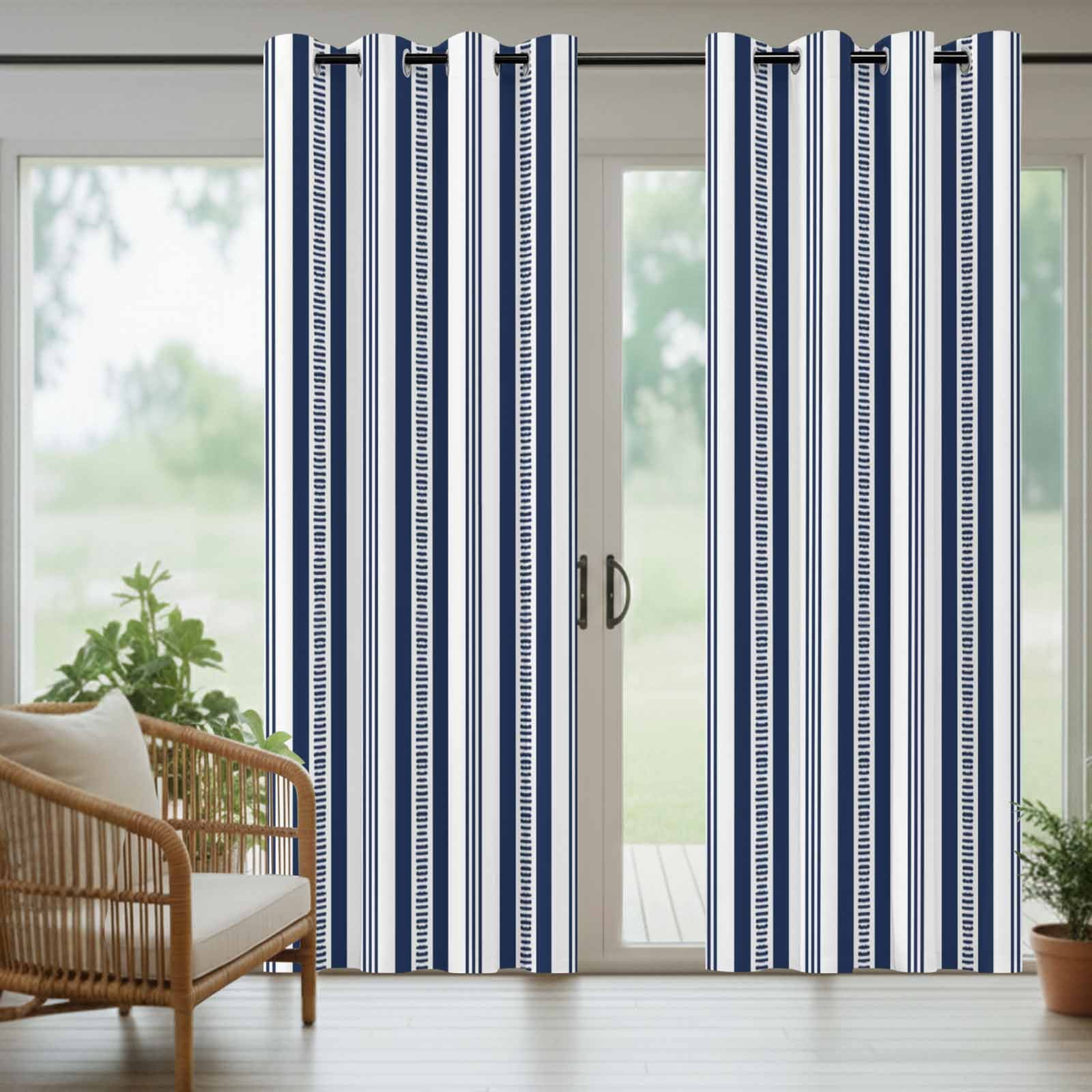 Navy Blue Striped Outdoor Curtains for Patio, Modern Farmhouse Stripes Rustic Geometric Sunshade Privacy Drapes Grommet Waterproof Outside Curtains for Porch/Cabana/Balcony 54"x 108", 1 Panel