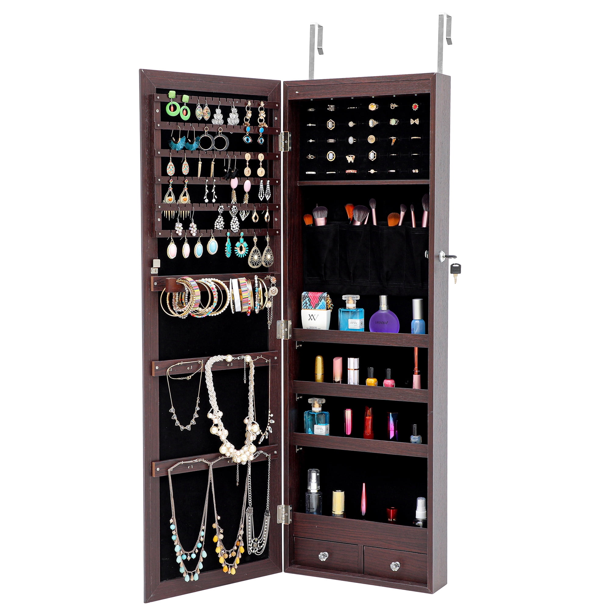 Aukfa Jewelry Cabinet with Mirror - Integrated Led Light – Brown