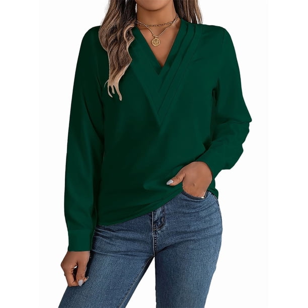 Blusa Plisada de Larga con Cuello en V para Mujer, Ideal para Oficina Verde XXL