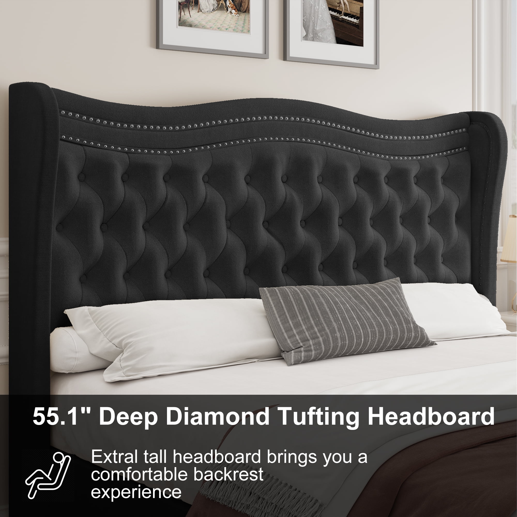 Miniyam Velvet Queen Size Bed with Button-Tufted Wingback Headboard for Adult, Black