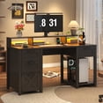 thumbnail image 3 of Blotout 59" Farmhouse Computer Desk with 4 File Drawer & Power Outlet & Led Lights, Rustic Wood Home Office Desk with Long Monitor Stand, Computer Writing Desk, Black, 3 of 10