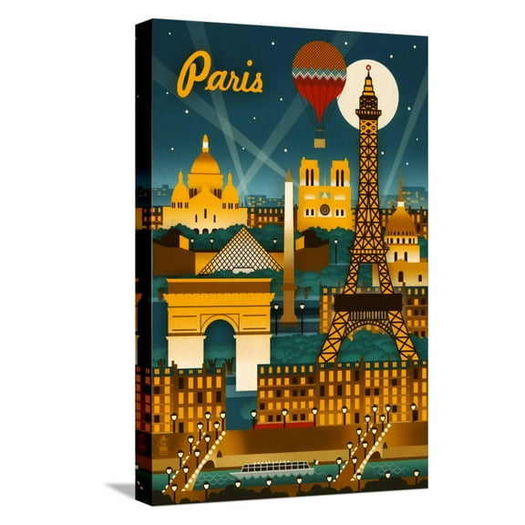 Art.com Paris, France - Retro Skyline Stretched Canvas Print Wall Art by Lantern Press, 12" x 18"