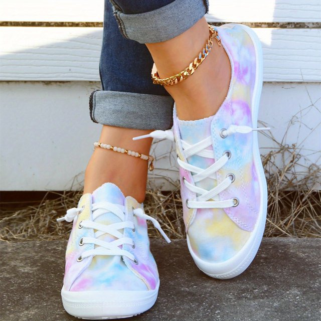 Zapatillas De Deporte De Lona Con Teñido Anudado En Bloque De Color Para Mujer, Zapatillas De Deporte Informales Antideslizantes Con Cordones, Zapatos Ligeros Y Cómodos Para Caminar