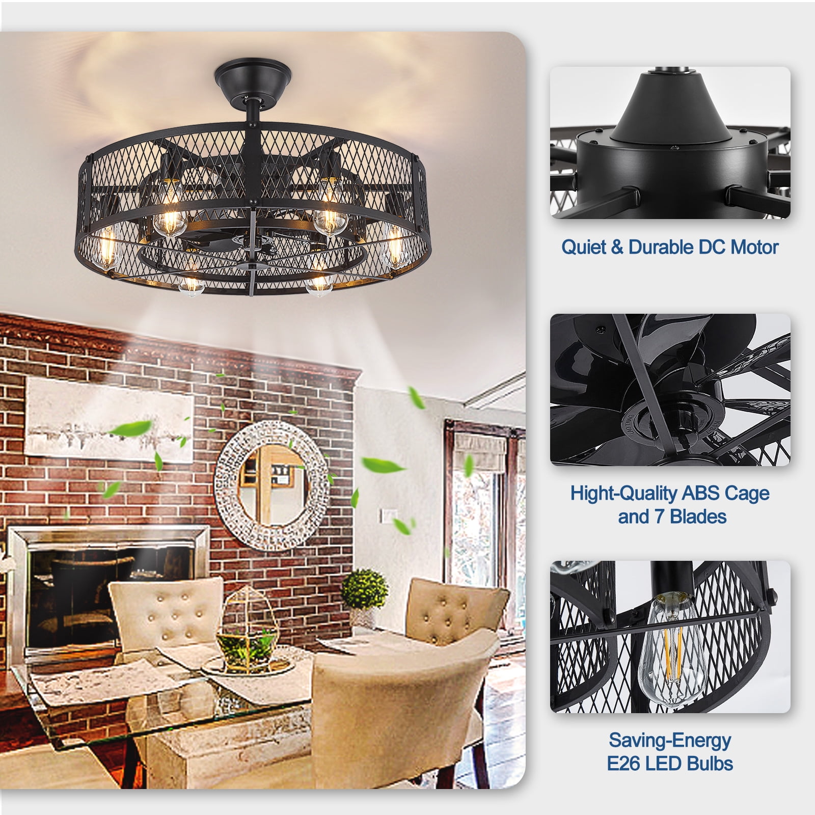 26-Inch Black Outdoor Ceiling Fan with Light: Ceiling Fan with Smart Remote Control, Farmhouse Cage Design, 6-Speed Reversible - Flush Mount for Patio, Kitchen, Bedroom
