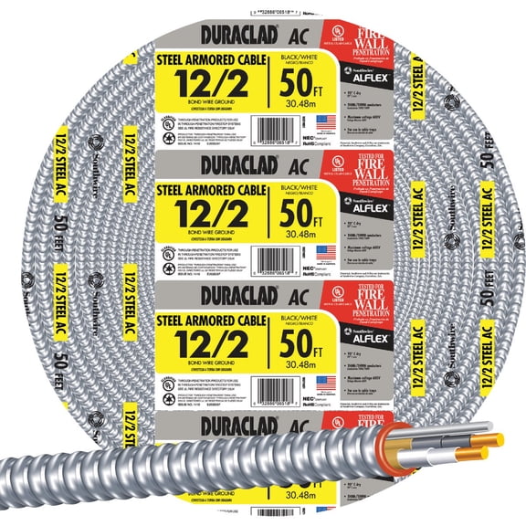 Southwire 55274922 Cable Ac 12-2 Alflex Thhn Bond Wire With Steel Armor 50' — Indoor & Outdoor Use, NEC-Compliant