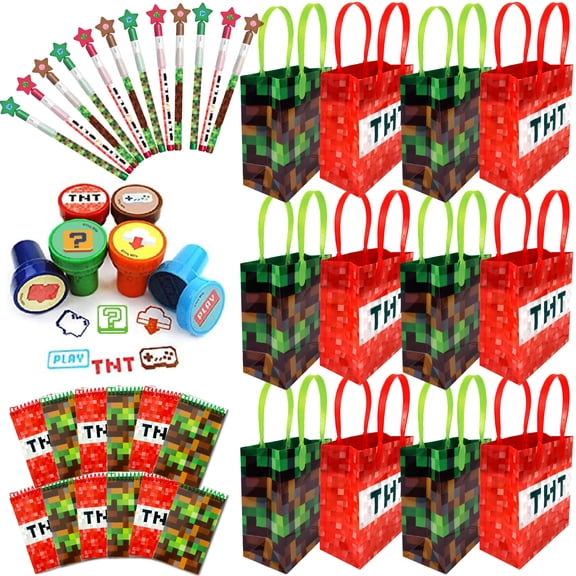 TINYMILLS Pixel Miner Party Favor Set 60 Pcs – Pixel Miner Birthday Party Supplies with Goody Bags, Self-Inking Stamps, Multi-Point Pencils & Spiral Notepads, Kids Party Favor Bundle