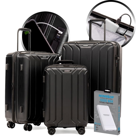 NONSTOP NEW YORK Luggage Expandable Spinner Wheels hard side shell Travel Suitcase Set 3 Piece Lightweight, TSA Lock, Double USB Port   2 packing cubes (Black, 3-Piece Set (20/24/28) W/ Power Bank)