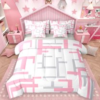 Manfei Pink Square Buffalo 7 Pieces Bedding Comforter Set, Vintage Checkered Abstract Full Bedding Set, Rectangle Plaid Reversible Fitted Sheet Flat Sheet, Microfiber Bedroom Decor