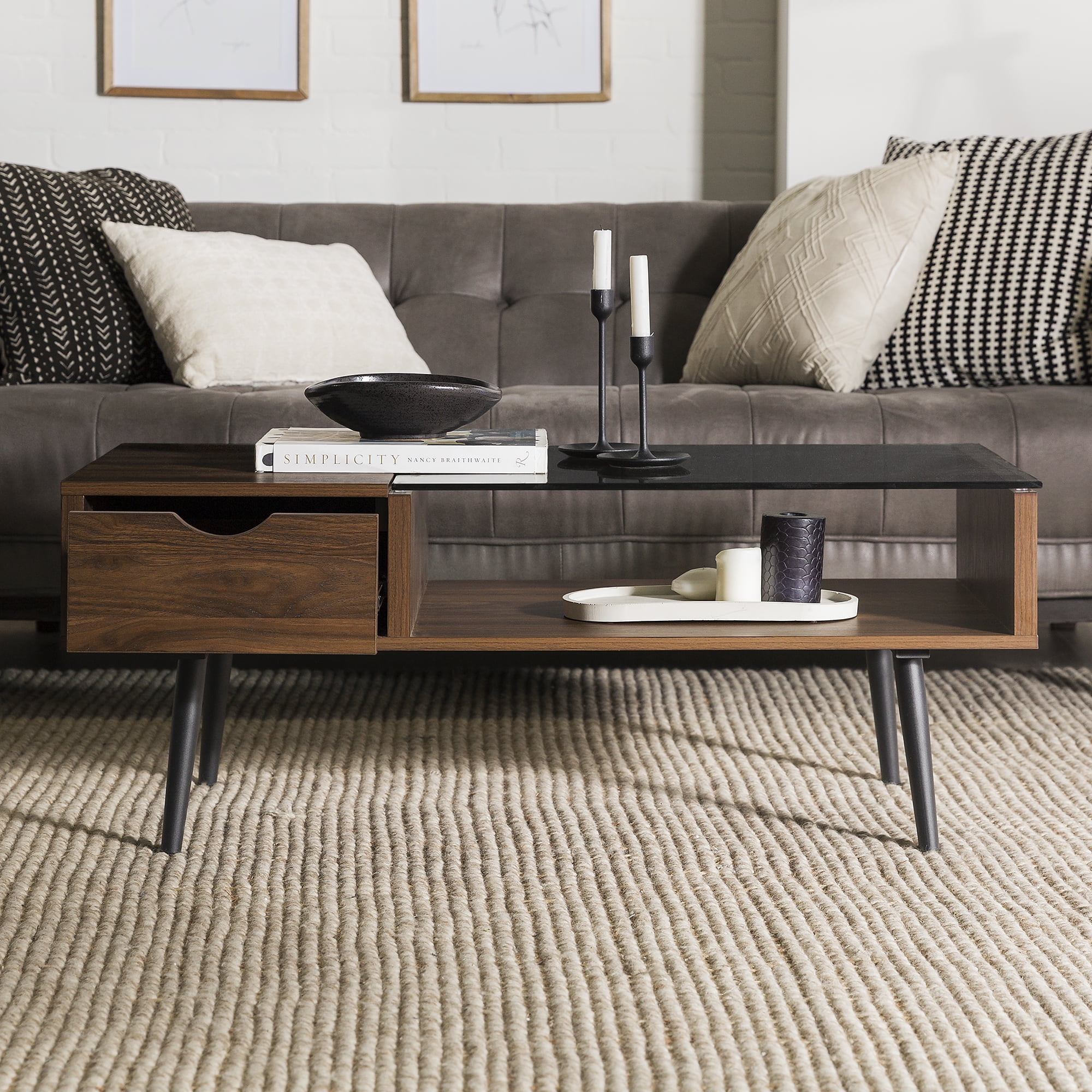 Walker Edison Booker Single-Drawer Wood/Glass Coffee Table, Multiple Finishes
