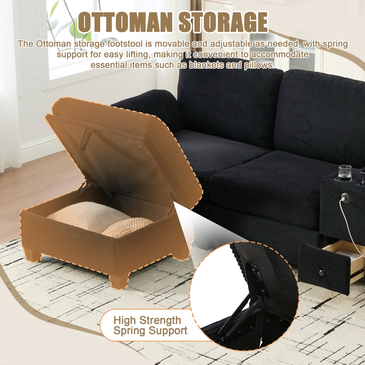 Leumius L-Shaped Sectional Sofa for Living Room,105" Modular 4-Seater Upholstered Sofa Couch with Cup Holder/USB Interface/Storage Box,Black