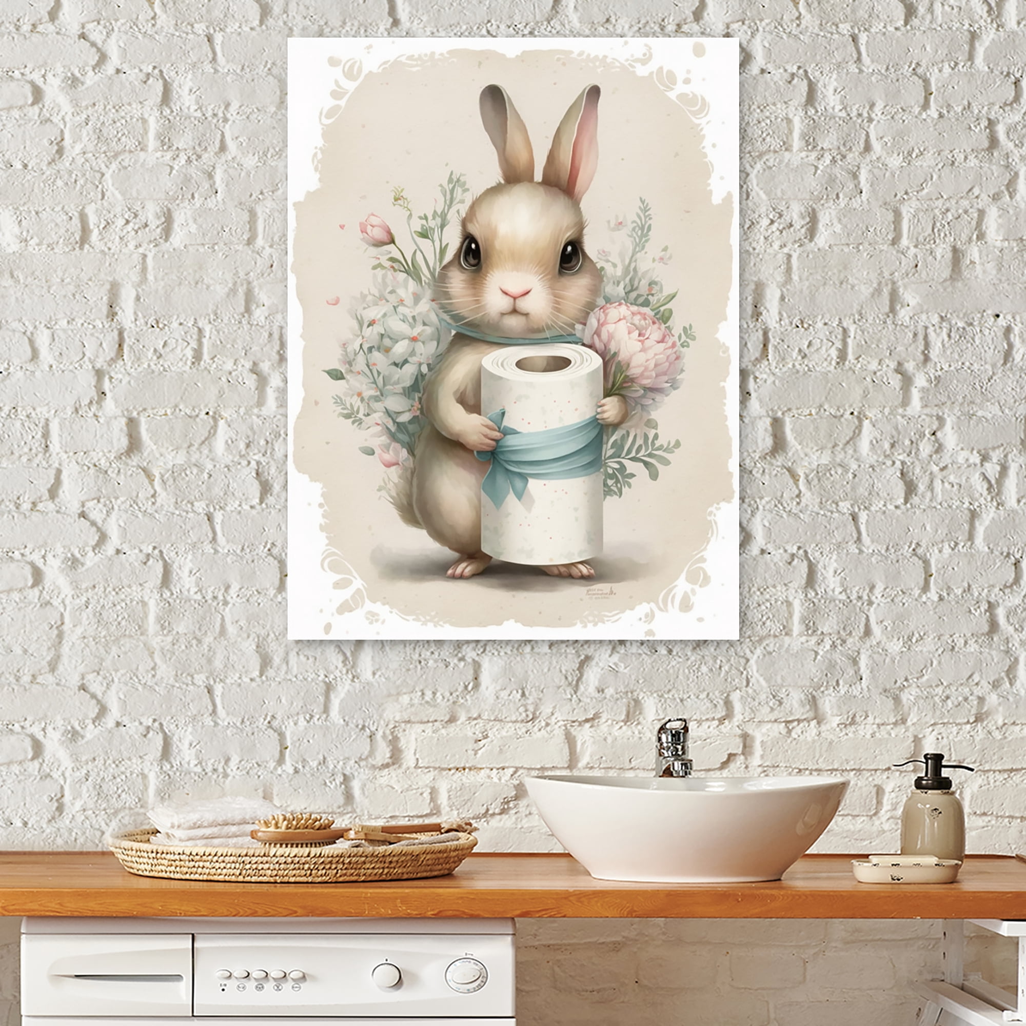Designart Bunny With Roll Of Toilet Paper And Flowers III Canvas Wall Art