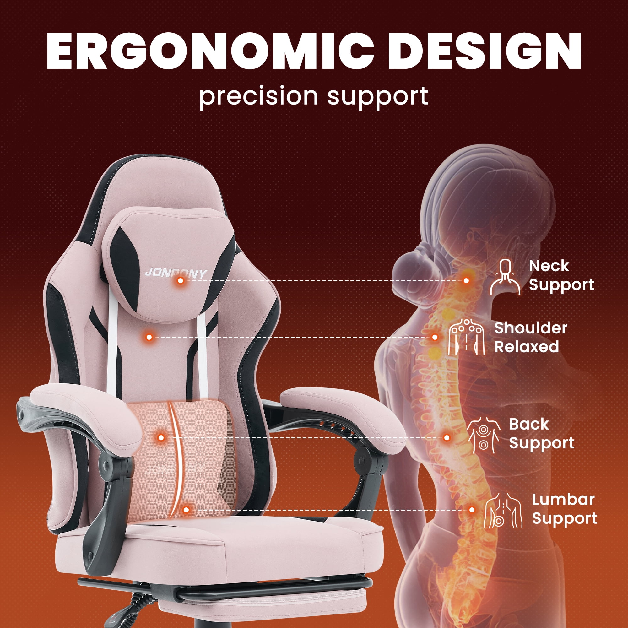 JONPONY Big and Tall 400LBS Gaming Chair with Foot Rest,Breathable Fabric for Home Office Desk, Ergonomic High Back Computer Chair with Headrest & Lumbar Support, Pink
