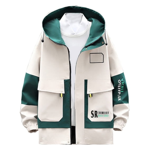 Luwomo Casual Jackets for Mens Mens Jackets Fall and Winter Hooded Long Sleeve Color Blocked Outdoor Style Loose Fit Coat with Pocket Tops White,4XL