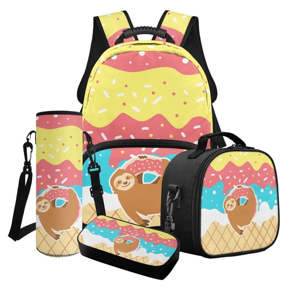 ZUXONGSY Sloth Ice Cream Print Girls Backpack Cool Book Bag for Primary School Children 4 Piece School Bag Set with Rucksack Lunch Box Pencil Case Water Cup Sleeve
