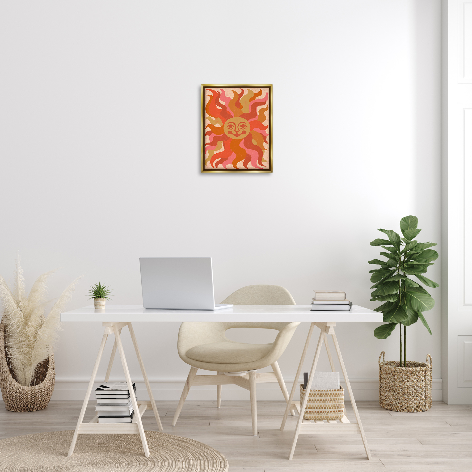 Stupell Industries Celestial Smiling Sun Landscape Painting Gold Floater Framed Canvas Art Print Wall Art, 17 x 21