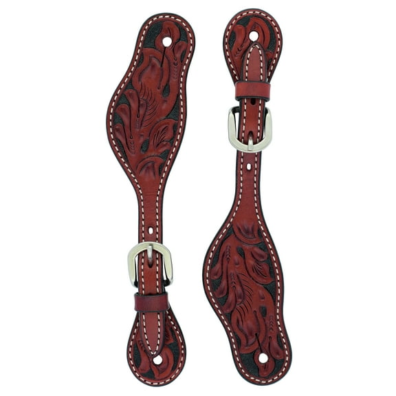 Weaver Leather Floral Carved Ladies' Chestnut Spur Straps - Pony Size, Stainless Steel