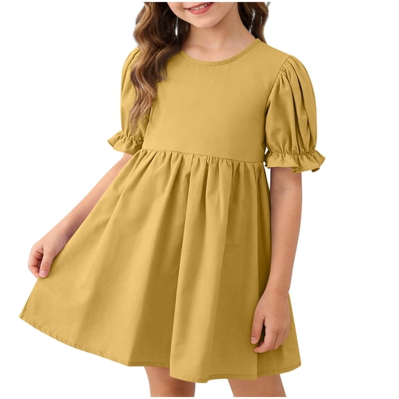 CYRBOKO Girls Casual Dresses, Cotton A-line Gift Puff Sleeve Summer Dresses Yellow Size 5-6 T