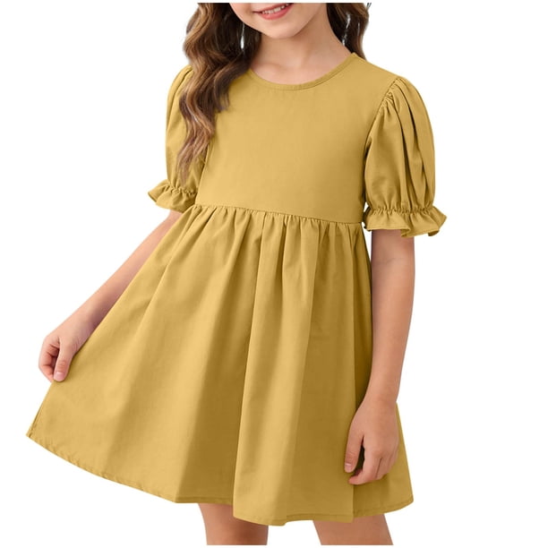 Vestido de Verano Largo Princesa Plisada de las Niñas Vestido de Color Sólido con Estilo de Moda de Manga Larga para la Fiesta Diaria Informal