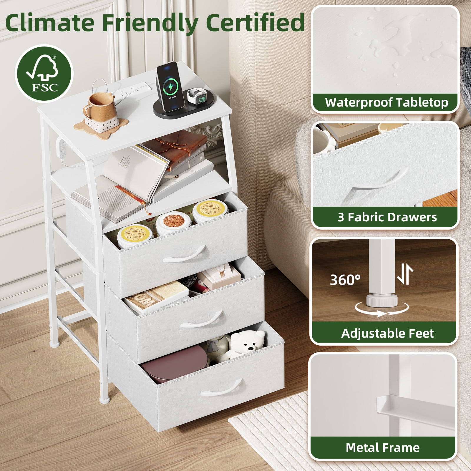 Eunos White Small Nightstand with Charging Station, 3 Drawer Bedside Table Set of 2 for Bedroom, Living Room