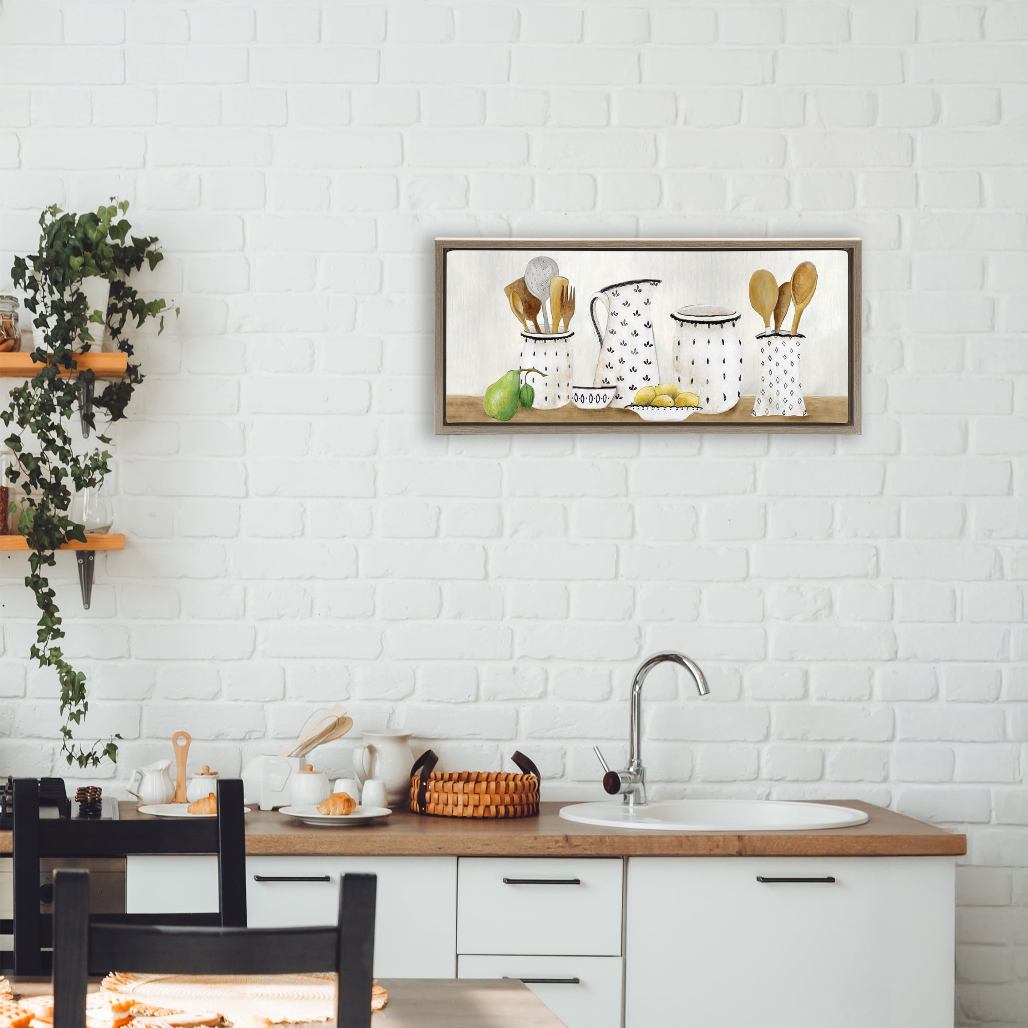 Stupell Industries Kitchen Jugs & Utensils Brown Framed Floater Canvas Wall Art, design by Janet Tava
