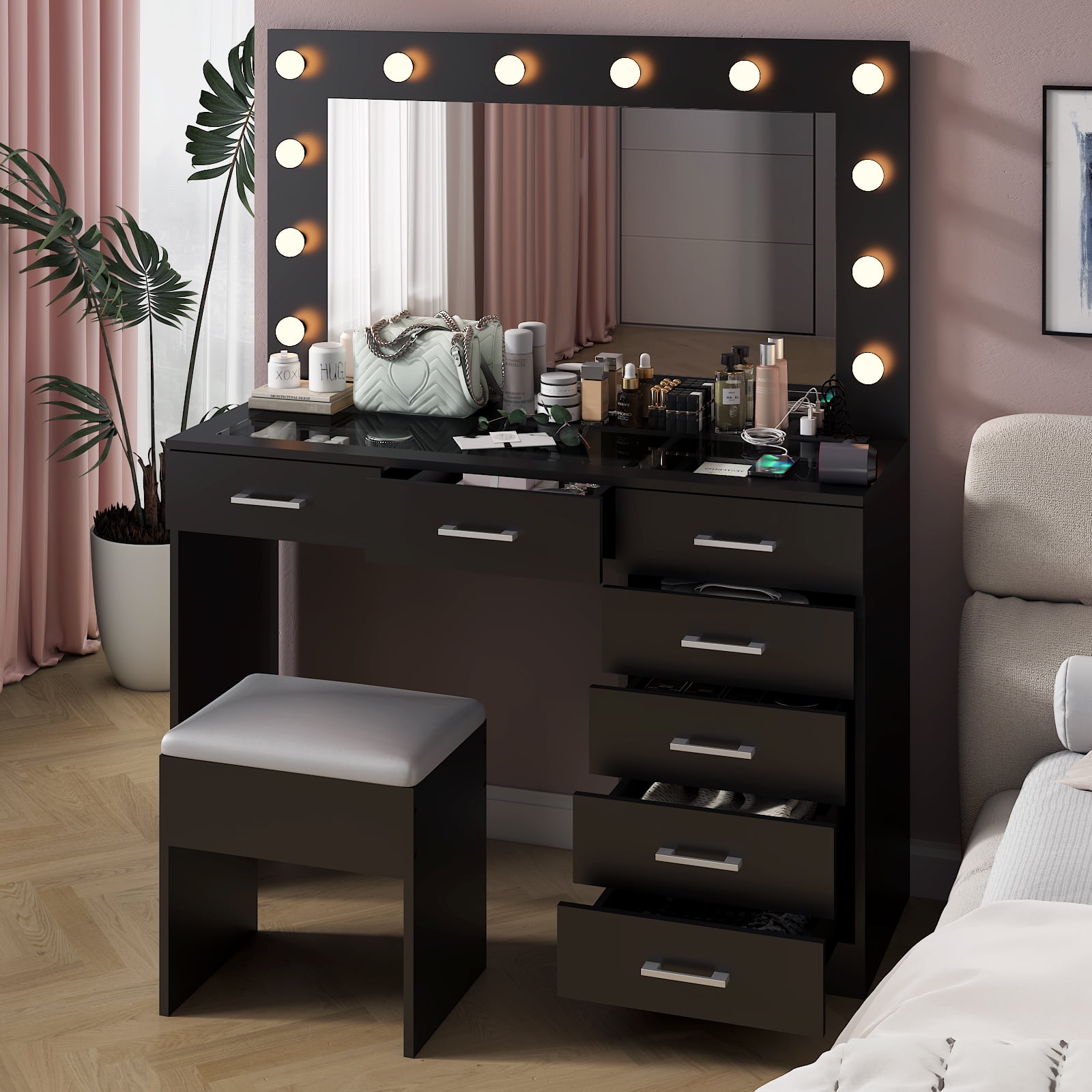 Ktaxon Large Makeup Vanity, Get Ready with Me GRWM Vanity Table Set w/ Visible Glass Top w/ Charging Station, White